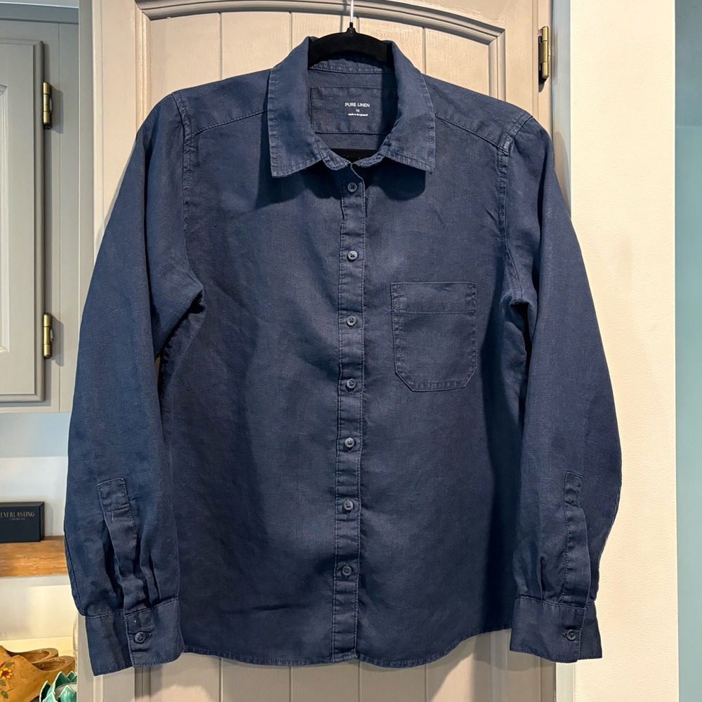 Marks & Spencer Pure Linen Blouse, Size 10, Navy, No Callouts, P2P 19”, Navy